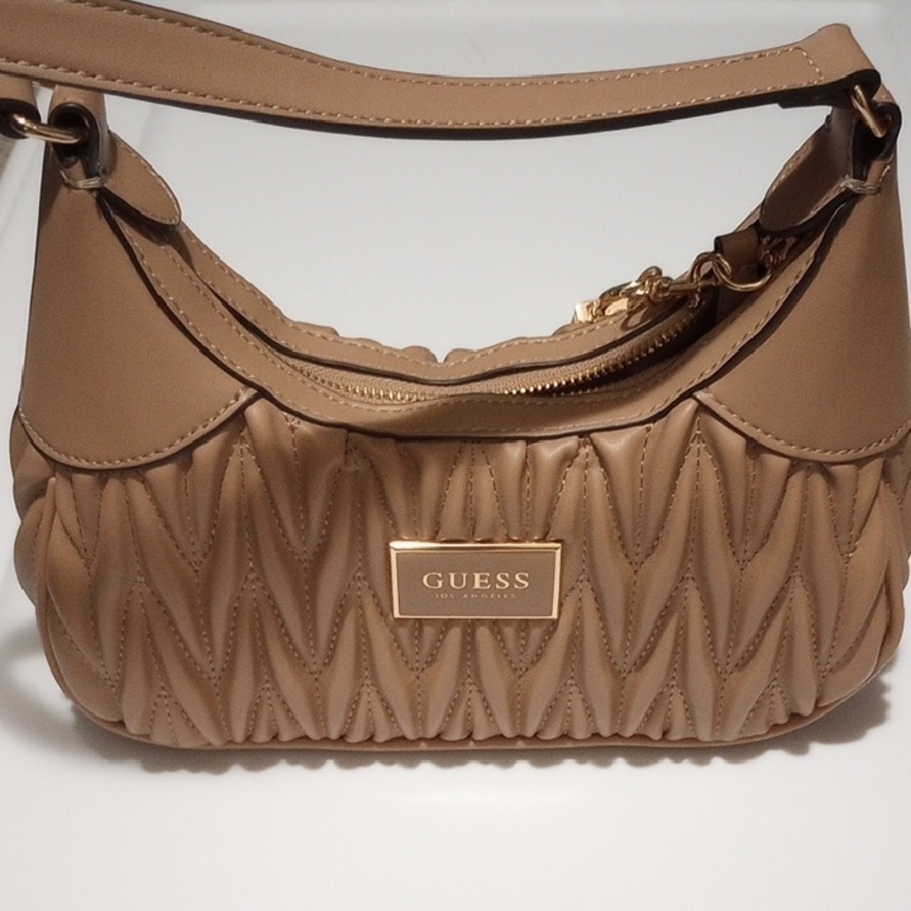 Guess Tan Quilted Structured Shoulder Bag In Brand New Condition